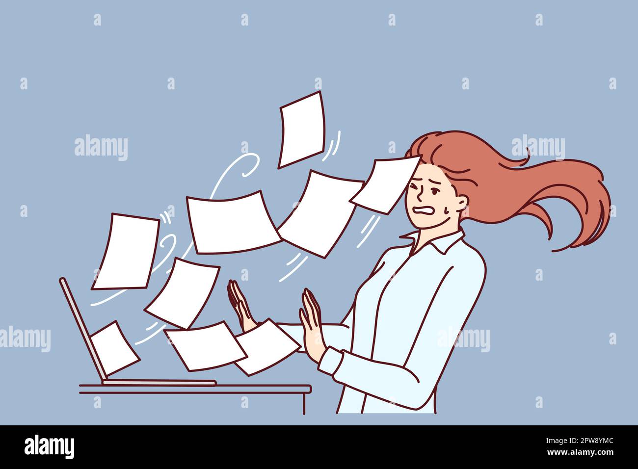 Une femme qui fait des heures supplémentaires a du mal à traiter un grand volume de documents ou à envoyer un e-mail sur un ordinateur portable Illustration de Vecteur