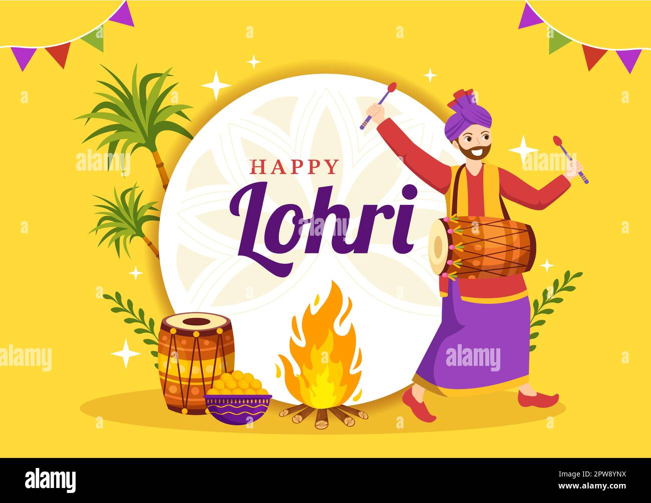 Happy Lohri Festival of Punjab India Illustration avec jouer de la danse et de la célébration Bonfire en Flat Cartoon dessiné à la main pour Landing page Templates Illustration de Vecteur