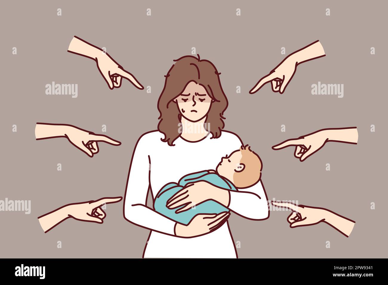 La jeune mère avec le bébé dans les bras a honte parce que la condamnation entourant les personnes pointant des doigts Illustration de Vecteur