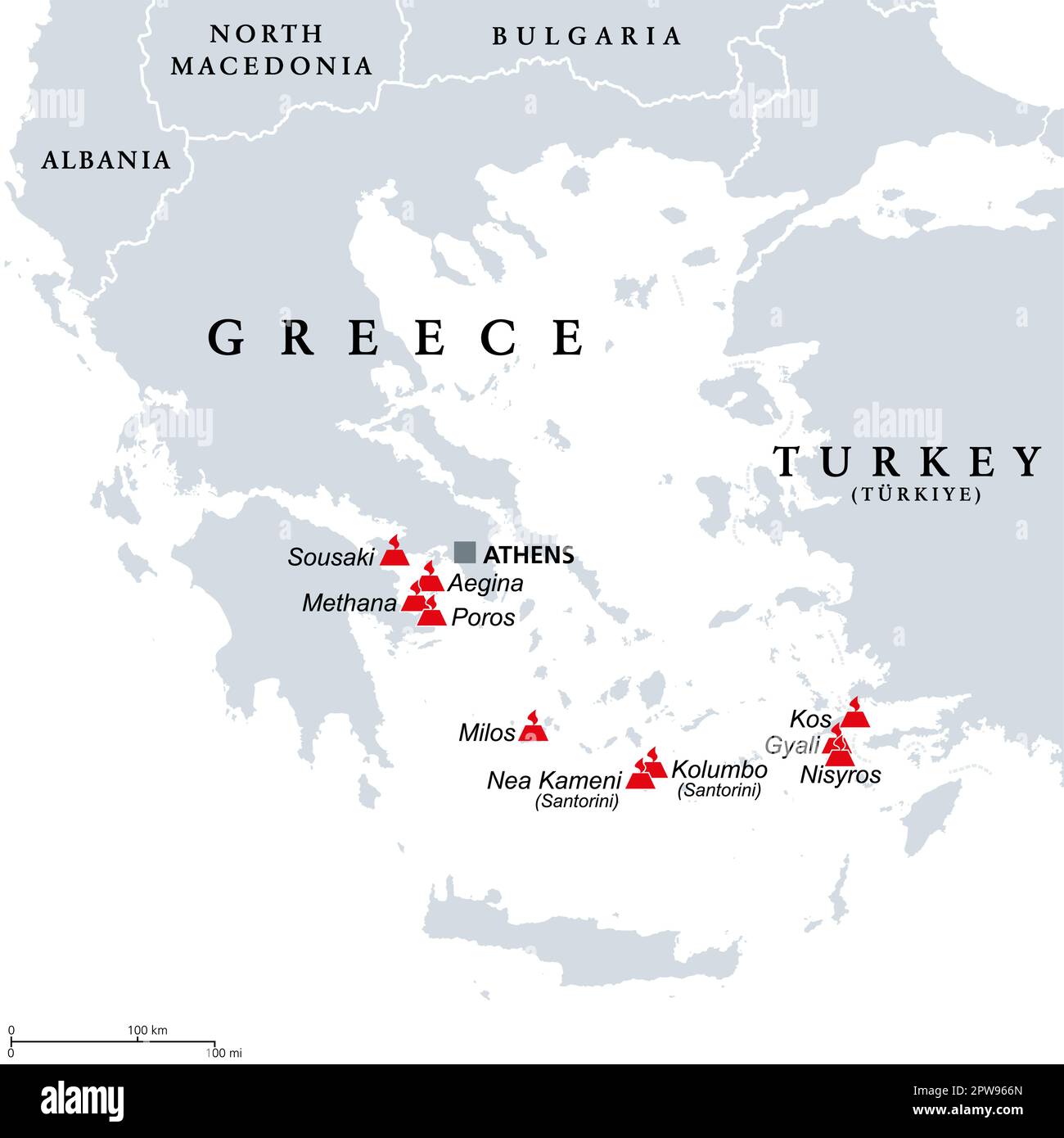 Grèce, volcans actifs et éteints de la région de la mer Égée, carte Illustration de Vecteur