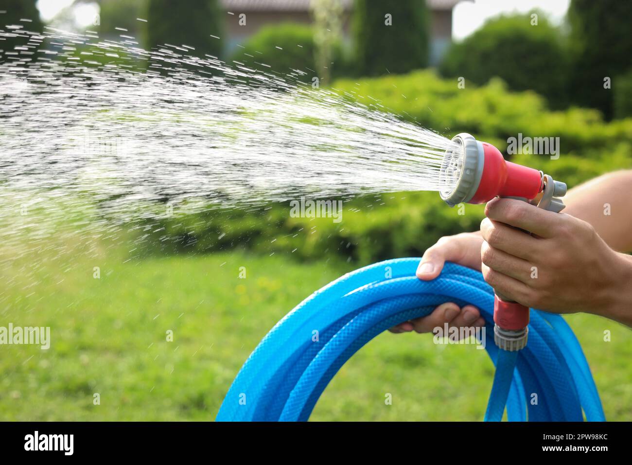 Homme pulvérisant de l'eau à partir d'un tuyau dans le jardin, gros plan  Photo Stock - Alamy