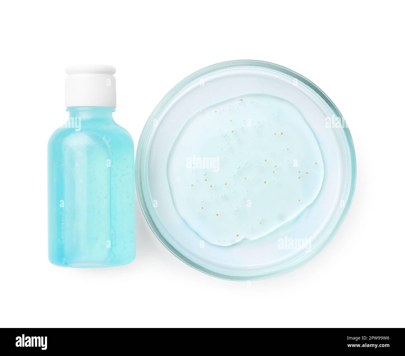 Boîte de Pétri avec produit cosmétique sur fond blanc, vue de dessus Banque D'Images