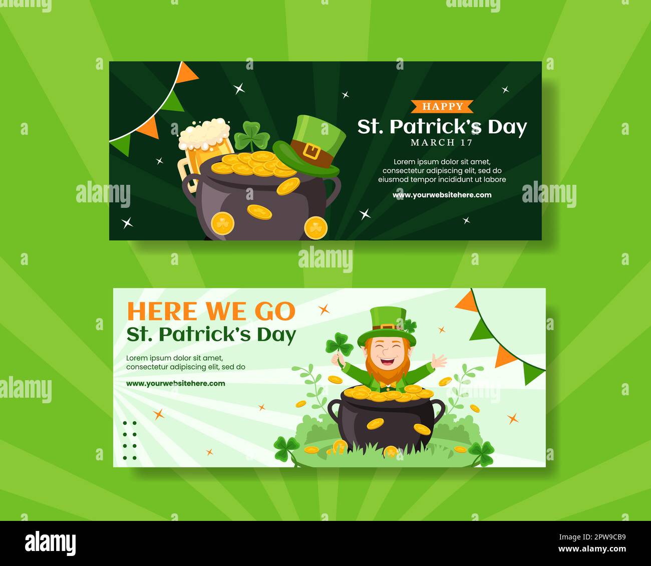 Happy St Patrick Day bannière horizontale plat dessin main dessins modèles Illustration de fond Illustration de Vecteur