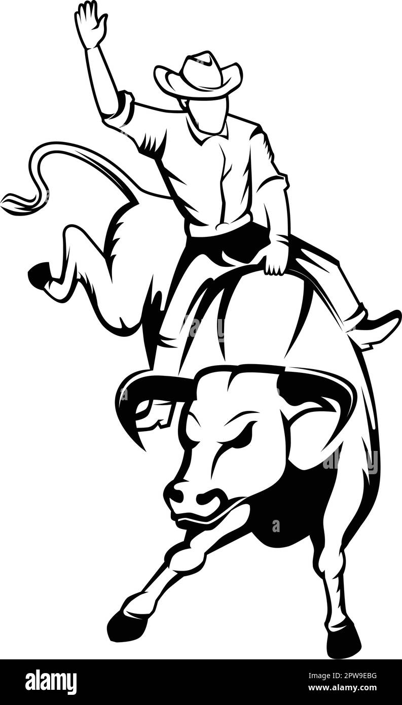 Rodeo ou Cowboy à cheval sur une figurine de taureau sauvage et furieux avec style Silhouette Illustration de Vecteur