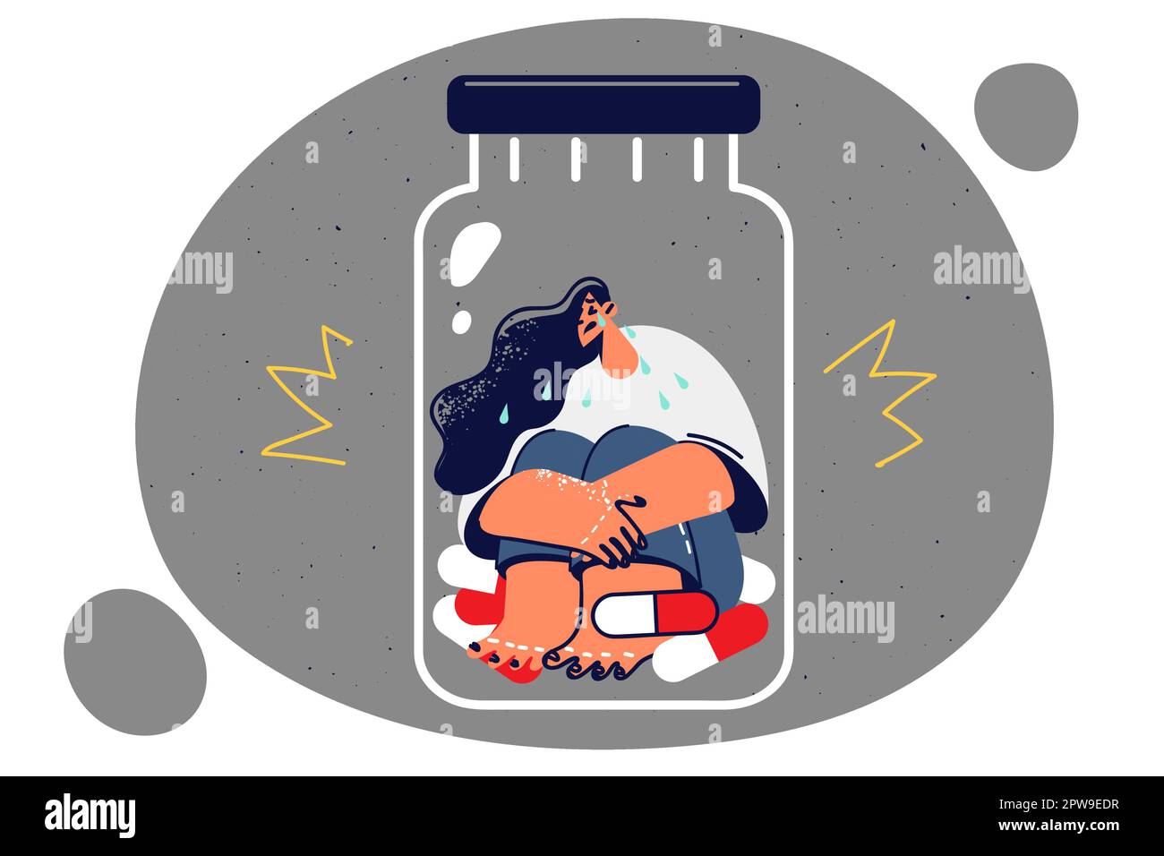 Une femme tirade est assise dans un pot antidépresseur en étant prise en otage par des pilules addictives pour traiter la dépression Illustration de Vecteur Une femme tirade est assise dans un pot antidépresseur en étant prise en otage par des pilules addictives pour traiter la dépression Illustration de Vecteur