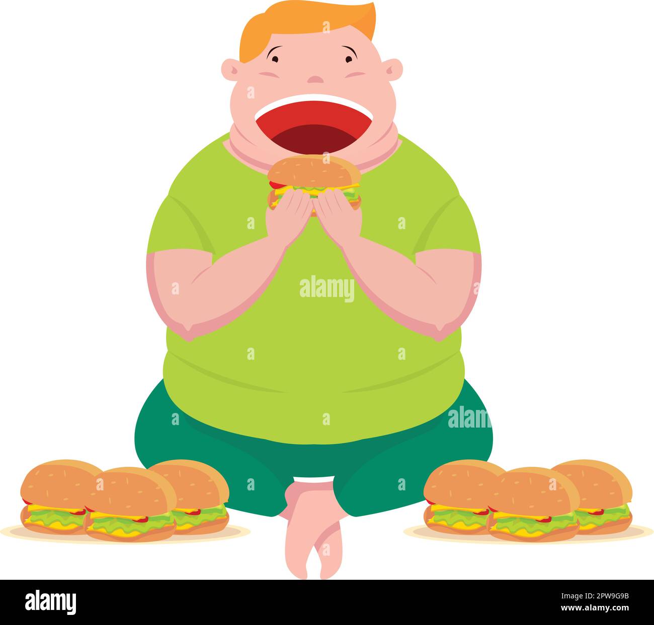 FAT Man assis et mangeant beaucoup de Burgers Illustration Illustration de Vecteur