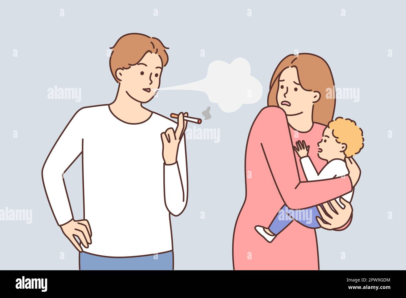 Homme imprudent fumant des cigarettes debout à côté d'une femme avec un bébé dans les bras Illustration de Vecteur
