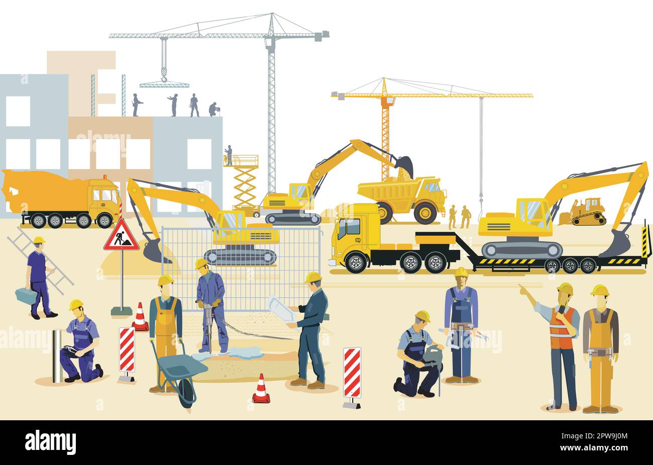 Chantier avec pelles hydrauliques, machines de construction et camions ...