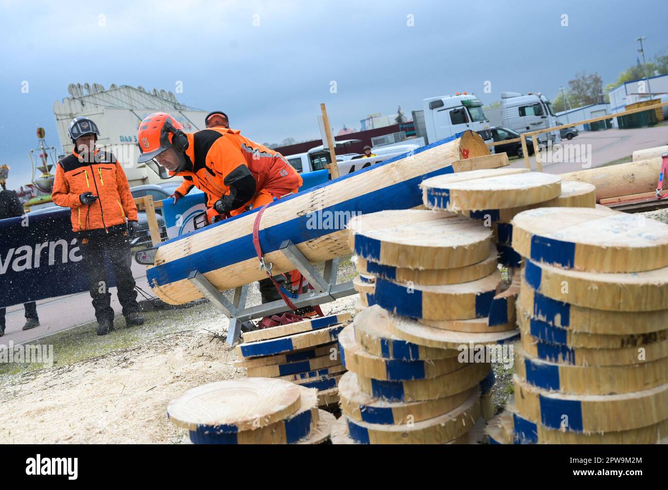 Eisleben, Allemagne. 29th avril 2023. Andreas Walther de Saxe-Anhalt dans le concours de coupe combinée. Au Championnat Mansfeld Woodcoutting 12th à Eisleben (quartier Mansfeld-Südharz), de vrais champions ont participé samedi. Au total, les participants se sont affrontés dans cinq disciplines. Credit: Heiko Rebsch/dpa/Alay Live News Banque D'Images