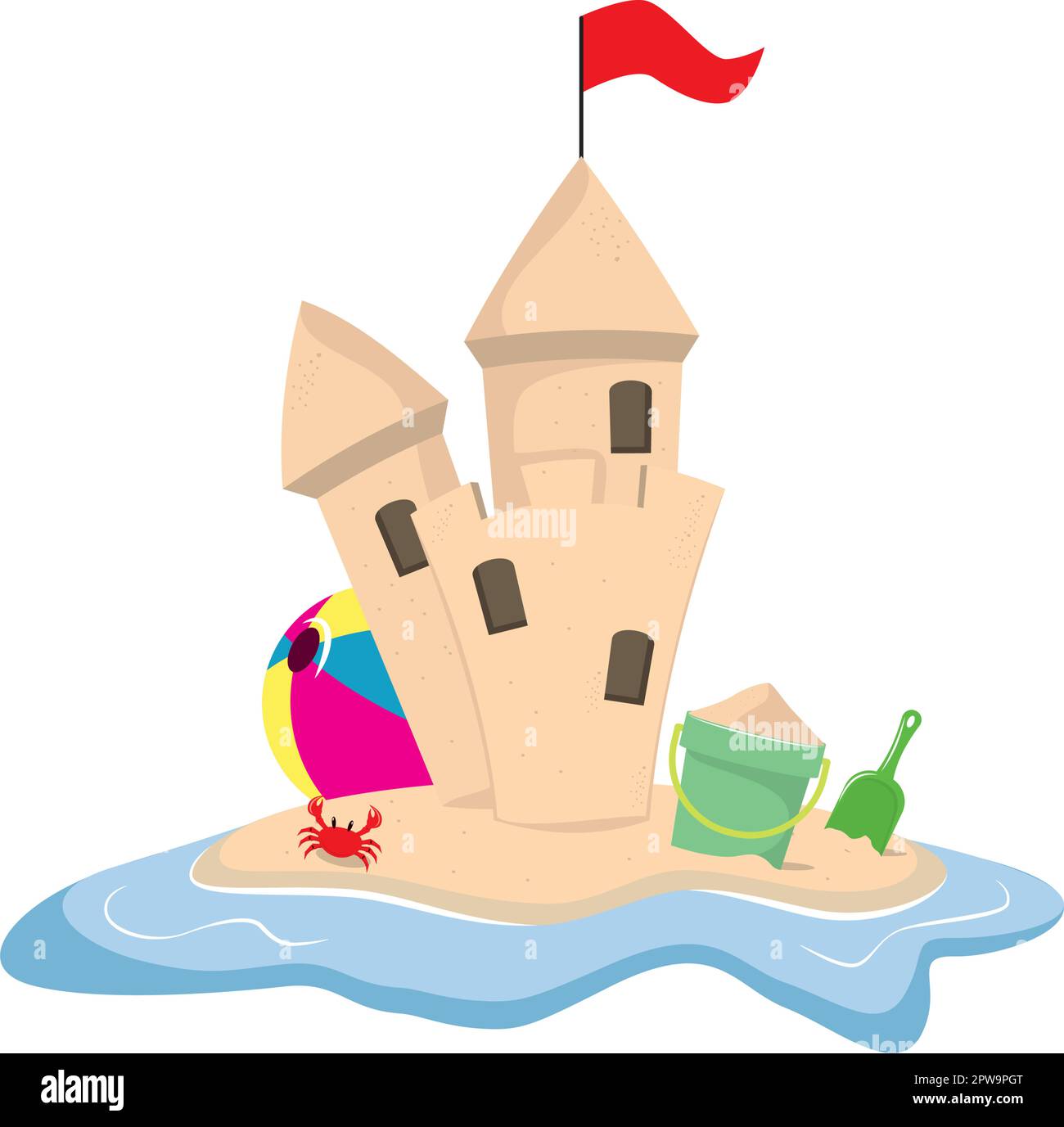 Illustration du château de sable sur l'eau entourant d'un seau, crabe, spatule et balle Illustration de Vecteur