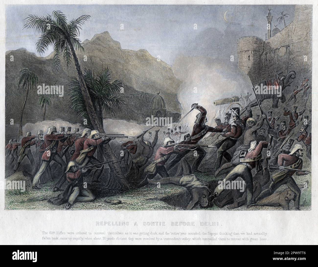 Inde. 1857. Une gravure antique teintée à la main intitulée "repousser un Sortie avant Delhi". « Les 60th fusils ont été invités à se dissimuler au crépuscule et à se faire entendre ; les Sepoys qui pensaient qu'ils étaient effectivement tombés en arrière se sont retrouvés rapidement, quand ils ont été reçus à environ 20 mètres de distance par un énorme volée qui les a obligés à se retirer avec une grande perte ». Représentant une action pendant la rébellion indienne. Banque D'Images