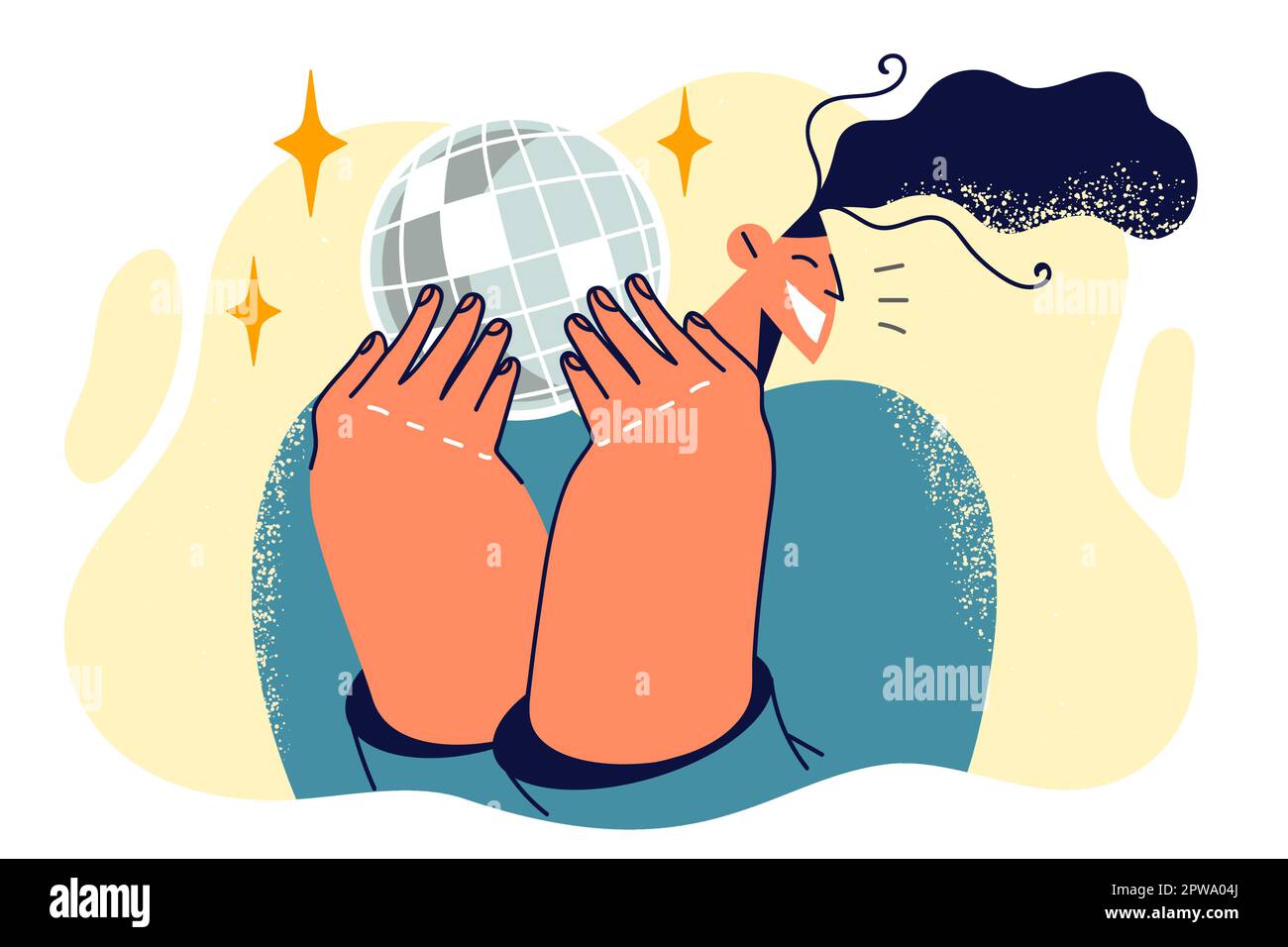 Femme tenant le miroir disco boule pour la fête et sourire appréciant la musique de club et la vie nocturne Illustration de Vecteur