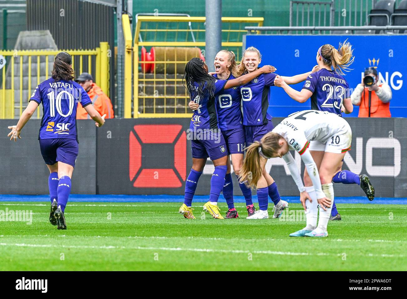 Louvain, Belgique. 29th avril 2023. La femme d'Anderlecht Sarah Wijnants fête après avoir marqué un match de football entre OH Leuven et RSC Anderlecht, le samedi 29 avril 2023 2022-2023 à Louvain, le 8 e jour de jeu de 1 de la première division de football belge de la Ligue des Super. BELGA PHOTO STIJN AUDOOREN crédit: Belga News Agency/Alay Live News Banque D'Images
