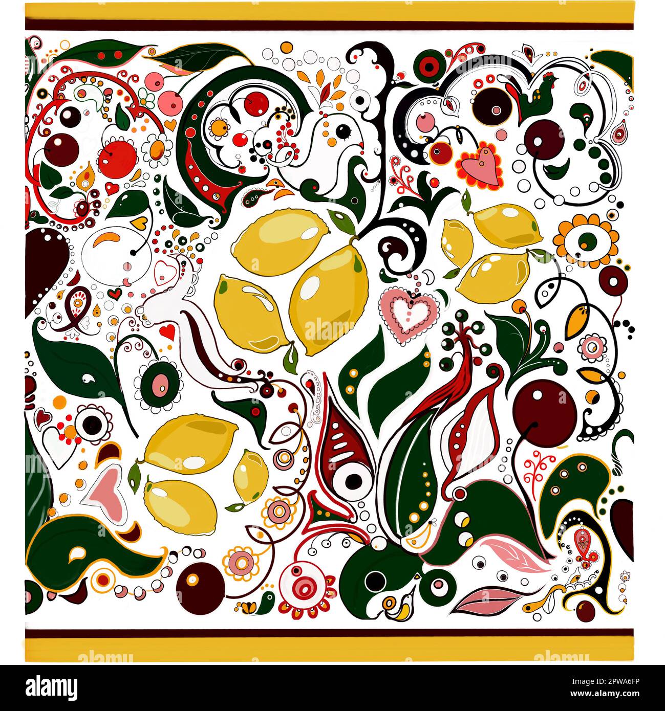 motifs de fruits, avec des fruits, des fleurs, des éléments de citron, sur fond blanc, dessiné à la main, parfait pour la conception de cartes postales, livrets, vêtements, dis Banque D'Images