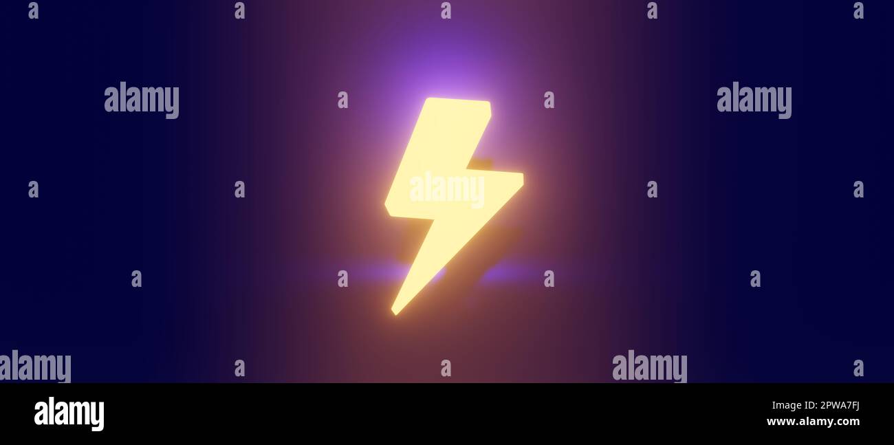 3D rendu. Icône en forme de tonnerre sur fond sombre. Alimentation, électricité, batterie, concept de charge. Bannière horizontale simple en bleu foncé Banque D'Images