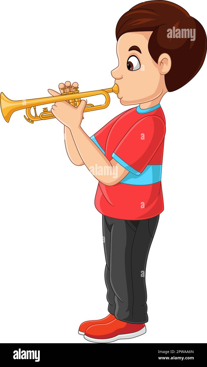 Petit garçon de dessin animé jouant une trompette Illustration de Vecteur