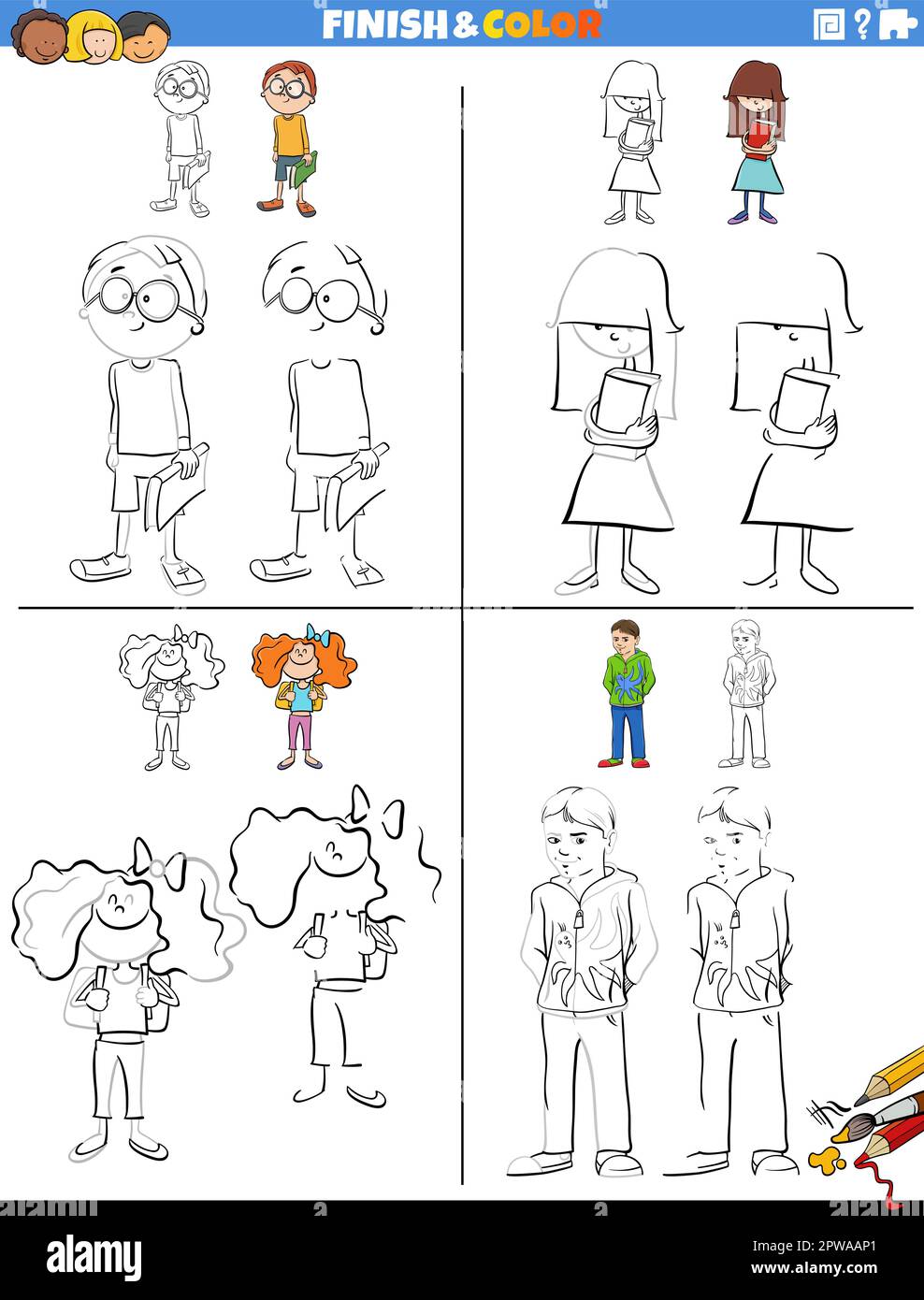 les feuilles de travail de dessin et de coloration sont mises en jeu avec des caractères enfants Illustration de Vecteur