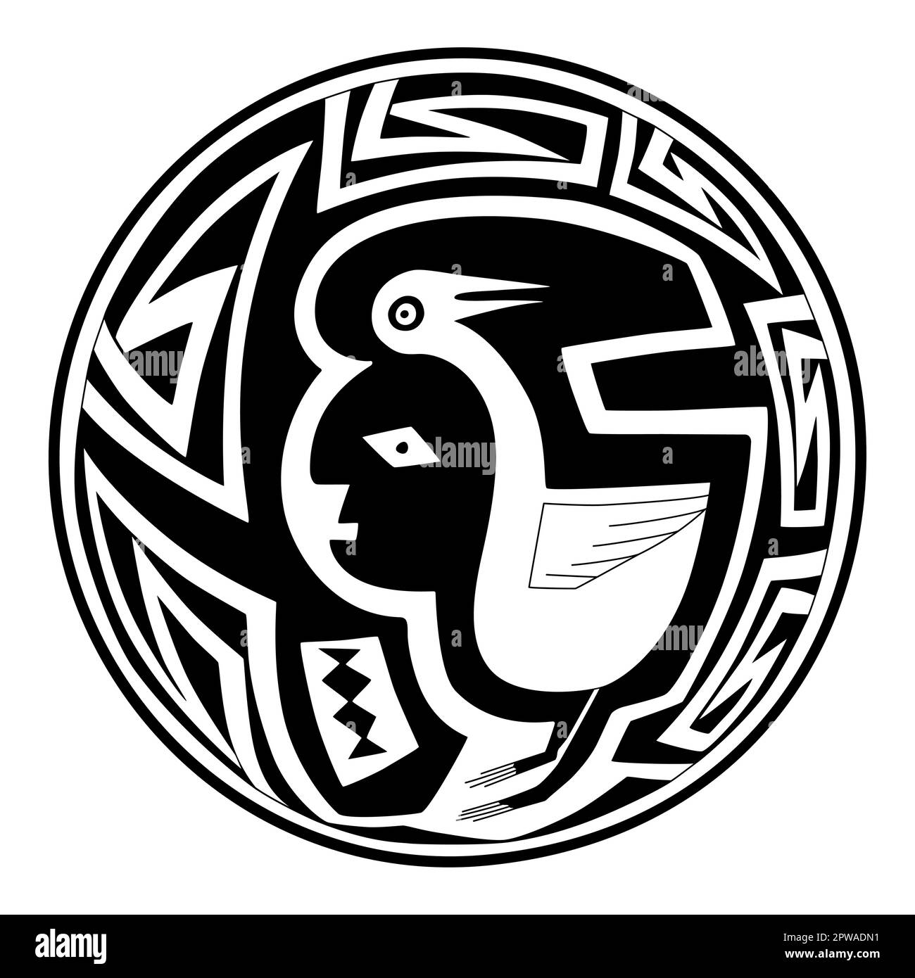 Homme et grue, motif poterie Mangas-Mimbres, inversion de la figure terrestre Illustration de Vecteur