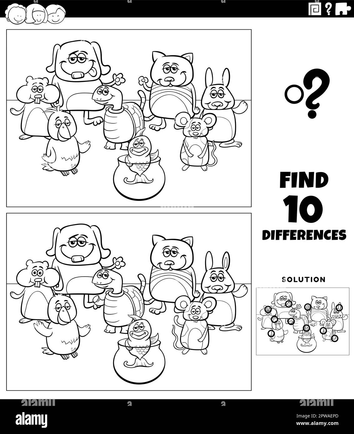 jeux de différences avec la page de coloriage de dessins animés Illustration de Vecteur