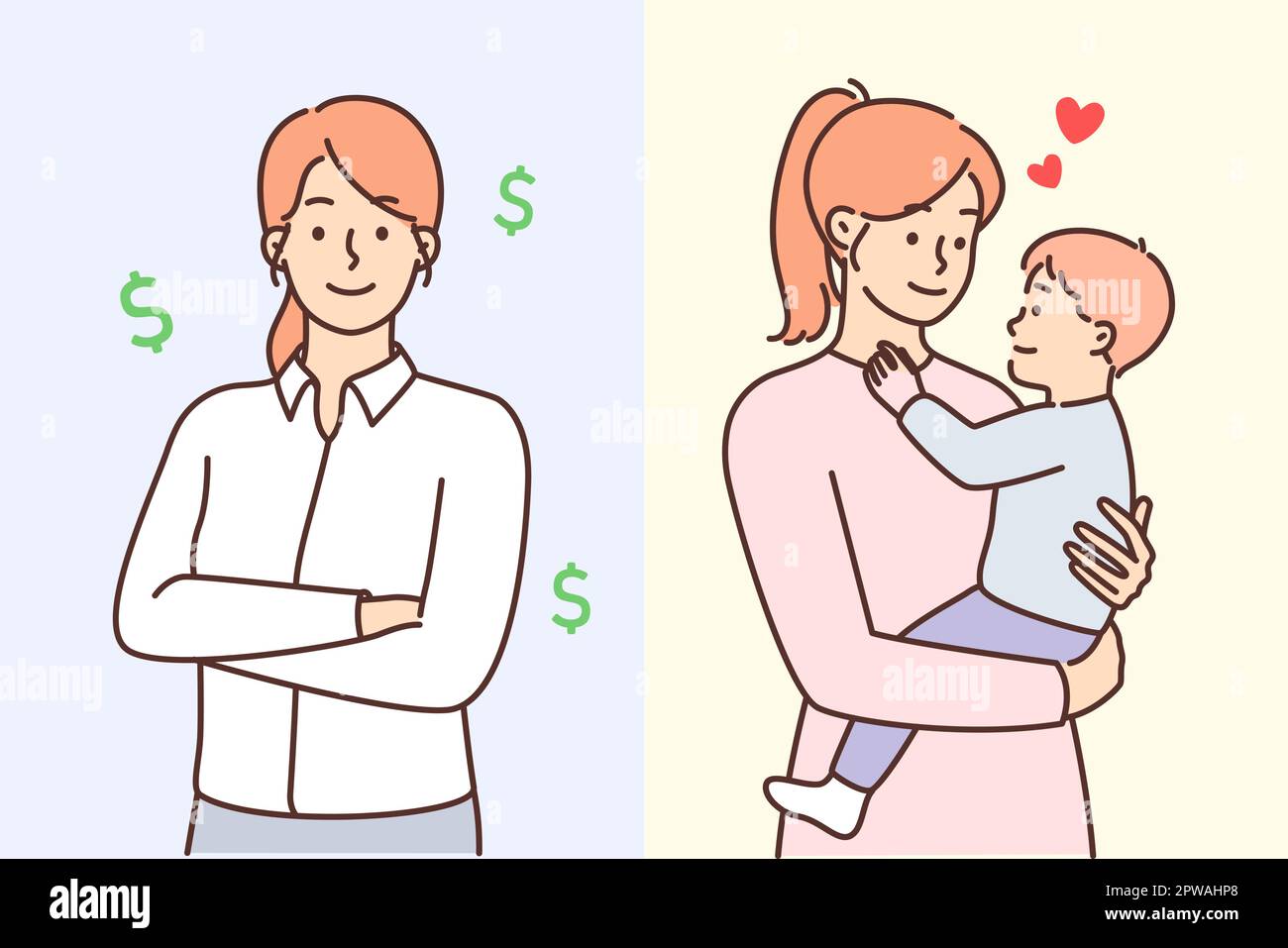 Femme d'affaires réussie debout avec les bras repliés près de la jeune mère aimante avec le petit bébé dans les bras Illustration de Vecteur