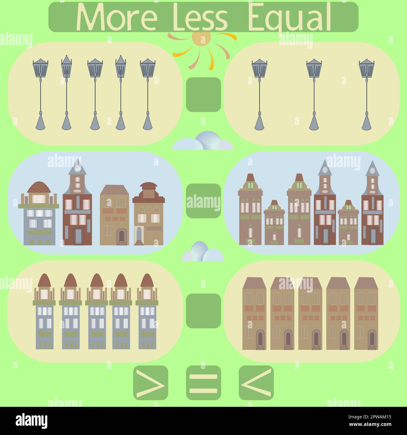 comptez les maisons et les lanternes dans l'image et mettez le bon nombre dans Illustration de Vecteur