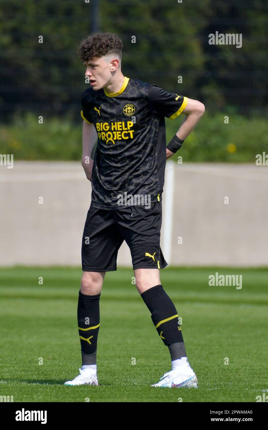 Swansea, pays de Galles. 29 avril 2023. Harrison Bettoni de Wigan Athletic lors du match de la Professional Development League entre Swansea City moins de 18 ans et Wigan Athletic moins de 18 ans à la Swansea City Academy à Swansea, pays de Galles, Royaume-Uni, le 29 avril 2023. Crédit : Duncan Thomas/Majestic Media/Alay Live News. Banque D'Images