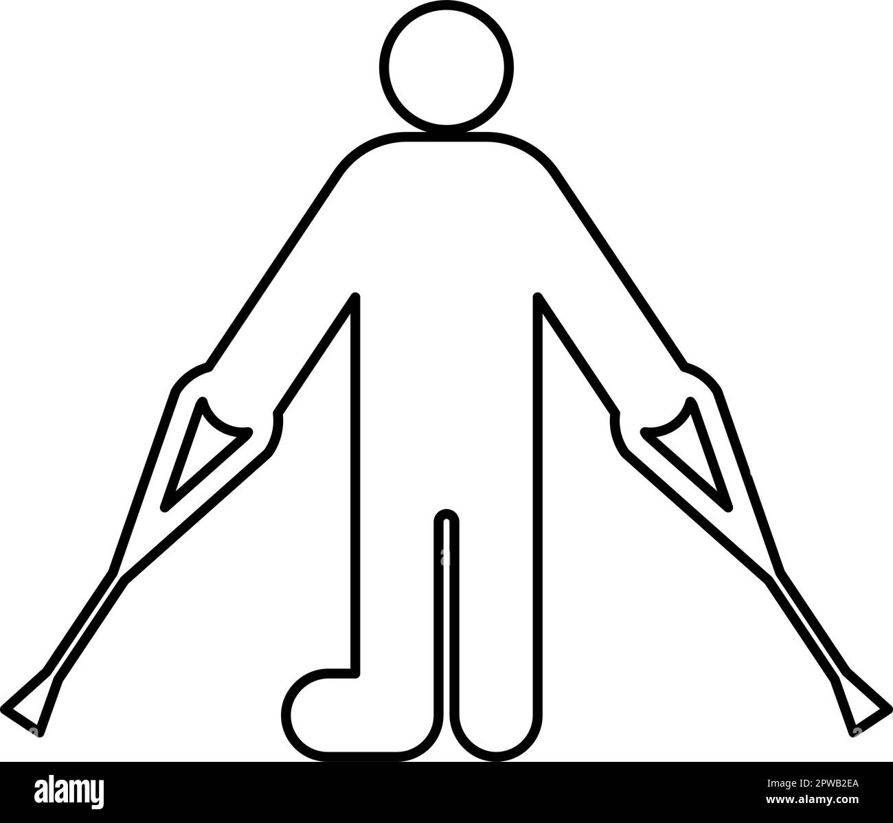 Homme avec une jambe cassée canne pied de gypse bâton de pied de bâtons personne béquilles trauma concept contour ligne icône noir couleur vecteur illustration image mince plat style Illustration de Vecteur