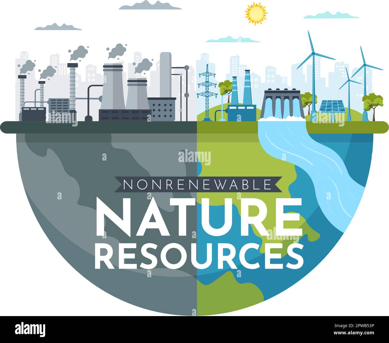 Illustration des sources d'énergie non renouvelables avec les carburants nucléaires, pétroliers, pétroliers, de gaz naturel ou de charbon en modèles tirés à la main Illustration de Vecteur