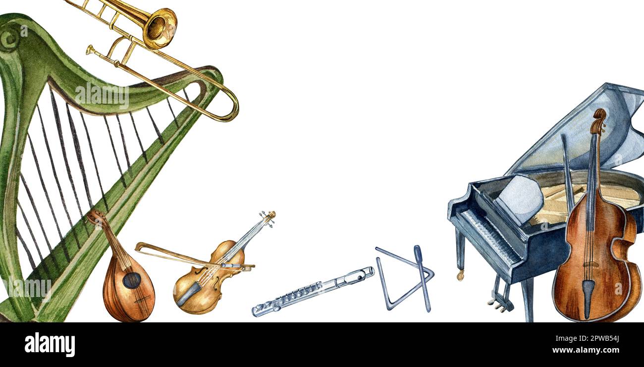 Tableau de harpe, violon, piano à queue et aquarelle contrabass isolé.  Instruments de musique classique dessinés à la main. Élément de conception  pour la circulaire Photo Stock - Alamy