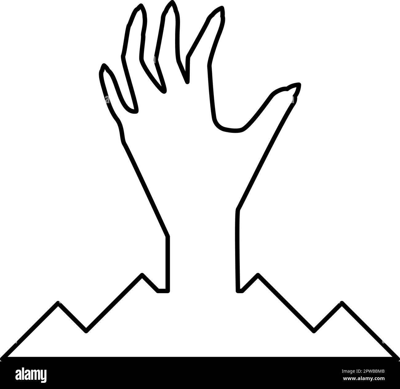 Main humaine effrayante depuis le sol silhouette de l'homme mort Halloween élément décoratif zombie concept spaw effrayant arnagé clous pointu bras osseux doigts homme undead contour ligne icône noir couleur vecteur illustration image mince plat style Illustration de Vecteur