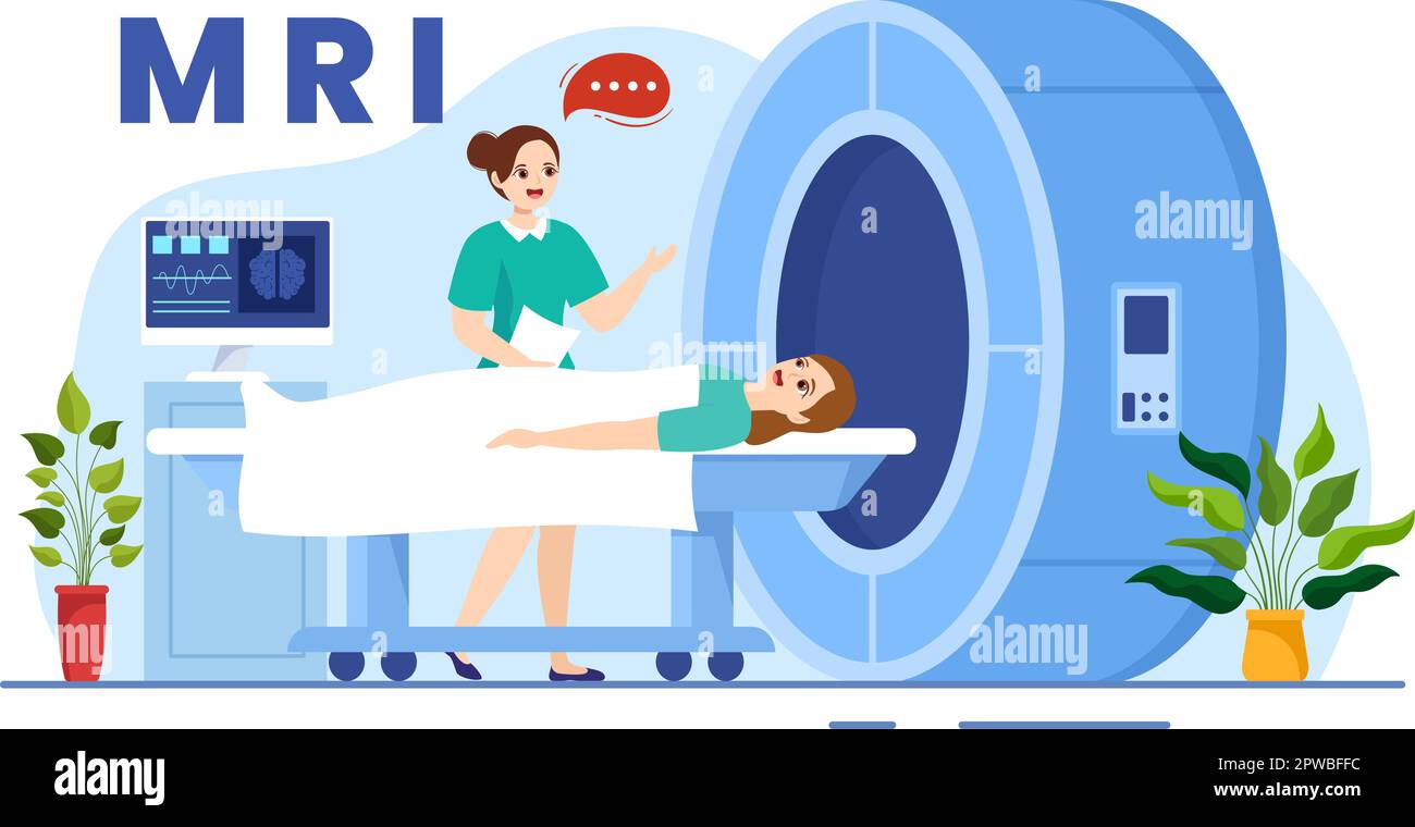 Illustration d'imagerie par résonance magnétique ou IRM avec un médecin et un patient en examen médical et une acquisition CT sur un dessin animé à la main Illustration de Vecteur