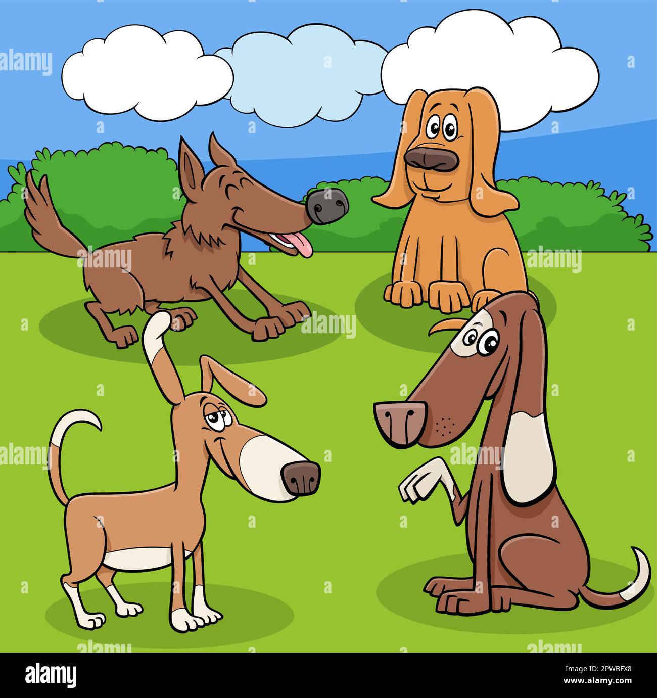 dessins animés personnages ludiques de chiens et de chiots dans un parc Illustration de Vecteur