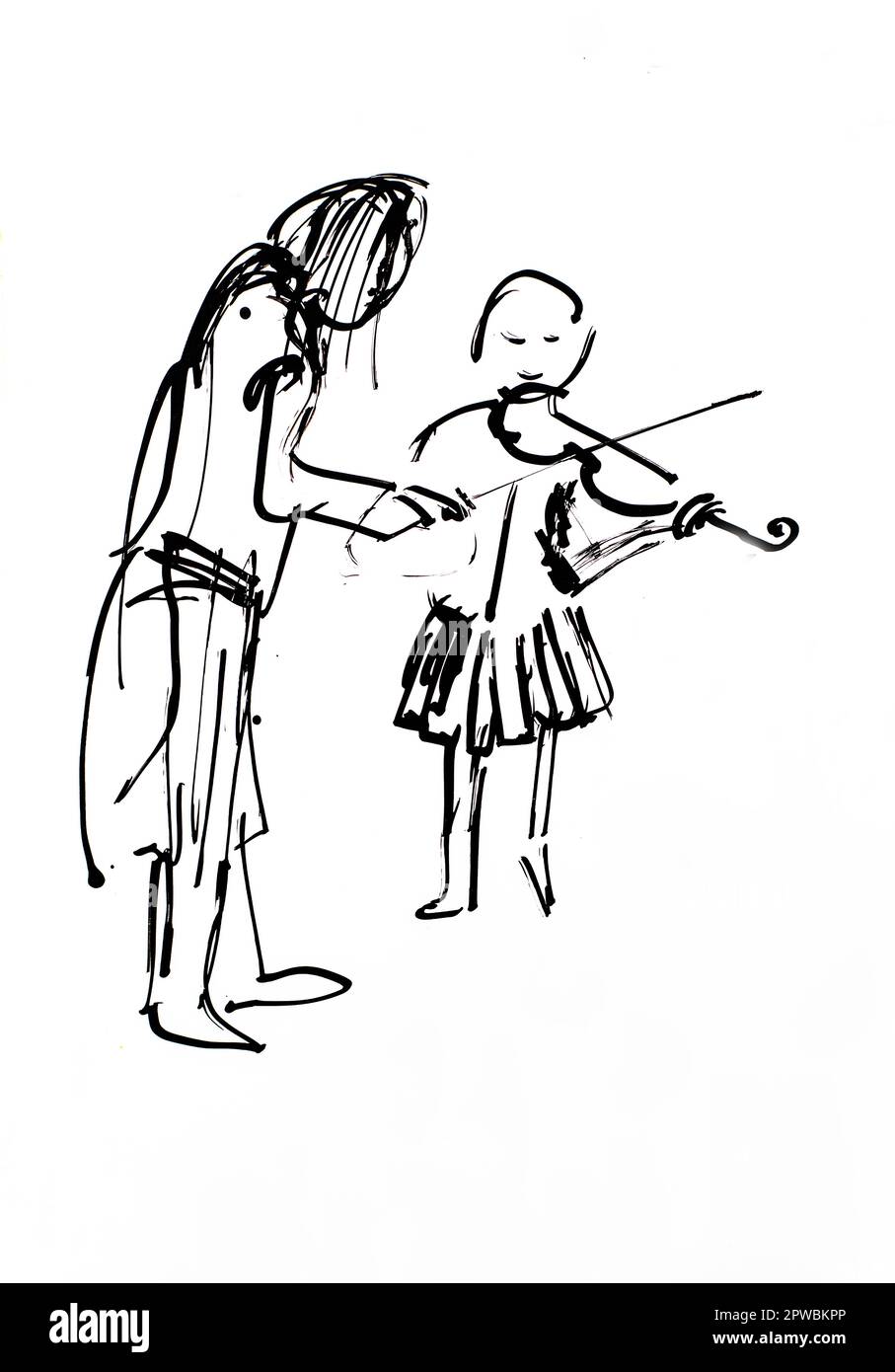 fille violoniste et professeur de violon jouant le violon. illustration à l'encre noire peinte à la main Banque D'Images