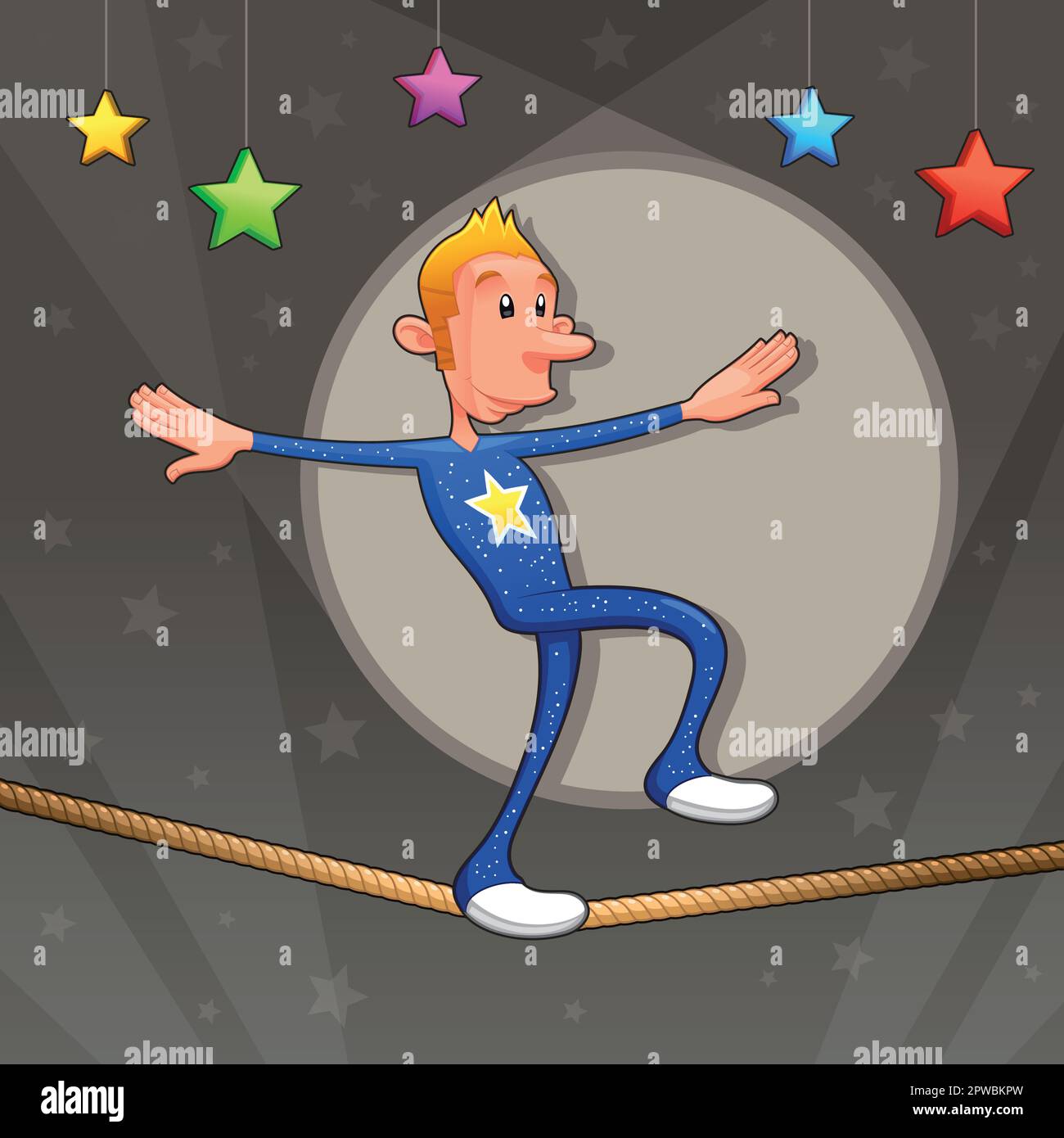 Funny équilibriste marche sur la corde raide. Cartoon et vector illustration. Illustration de Vecteur