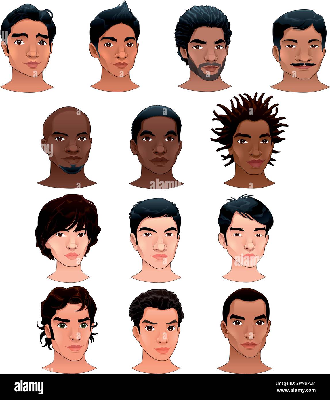 Hommes indiens, noirs, asiatiques et latinos. Avatars à vecteur isolé. Illustration de Vecteur