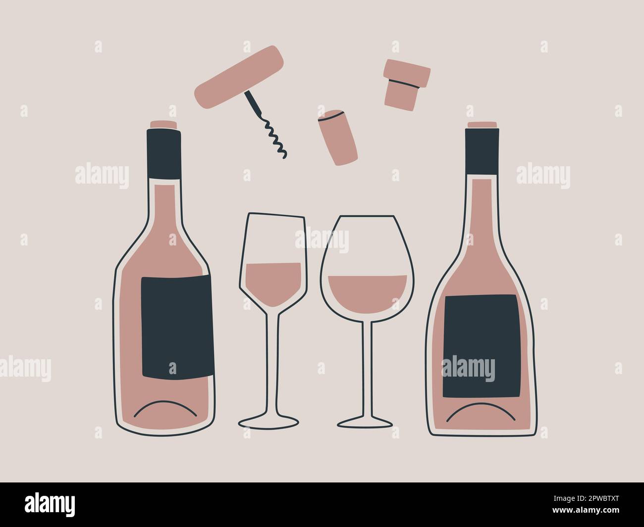 Deux bouteilles de vin et deux verres et d'autres accessoires pour le vin -  un tire-bouchon et des bouchons. Illustration tendance à vecteur isolé  Image Vectorielle Stock - Alamy