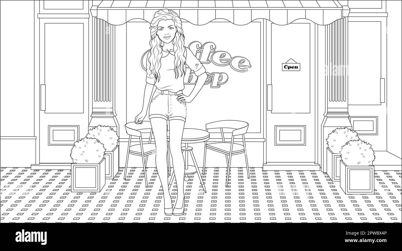 Page de coloriage de la petite fille avec un fond de fenêtre de café. Illustration vectorielle Illustration de Vecteur