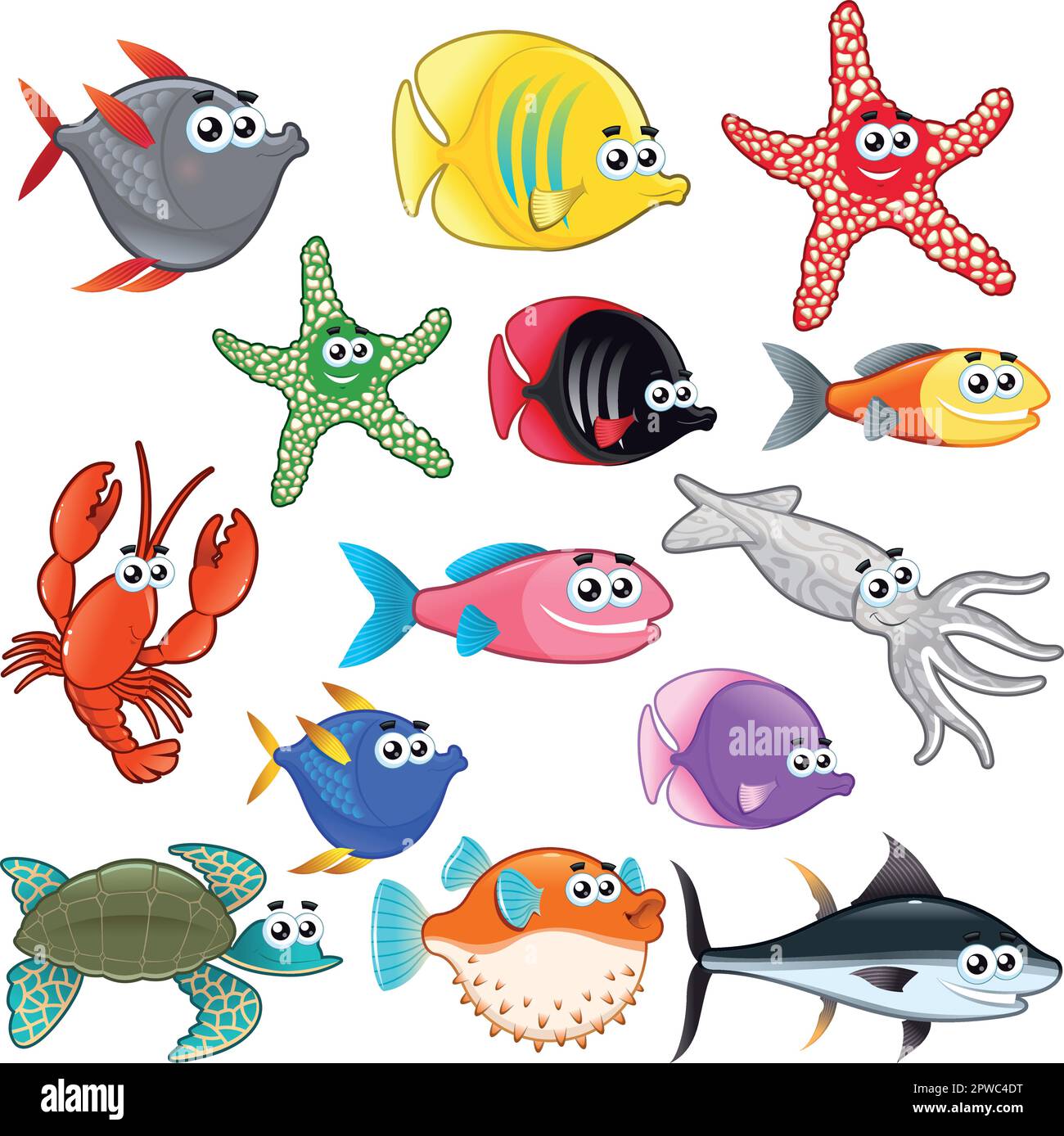 Famille de poissons drôles. Caractères vectoriels isolés. Illustration de Vecteur