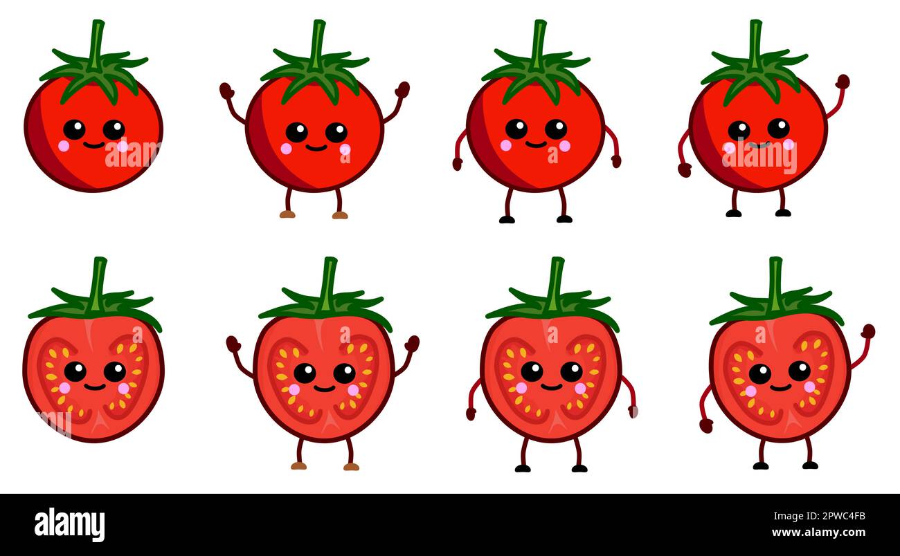 Icône de tomate de style kawaii, entière et coupée en tranches. Version avec les mains levées, abaissés et en agitant Illustration de Vecteur