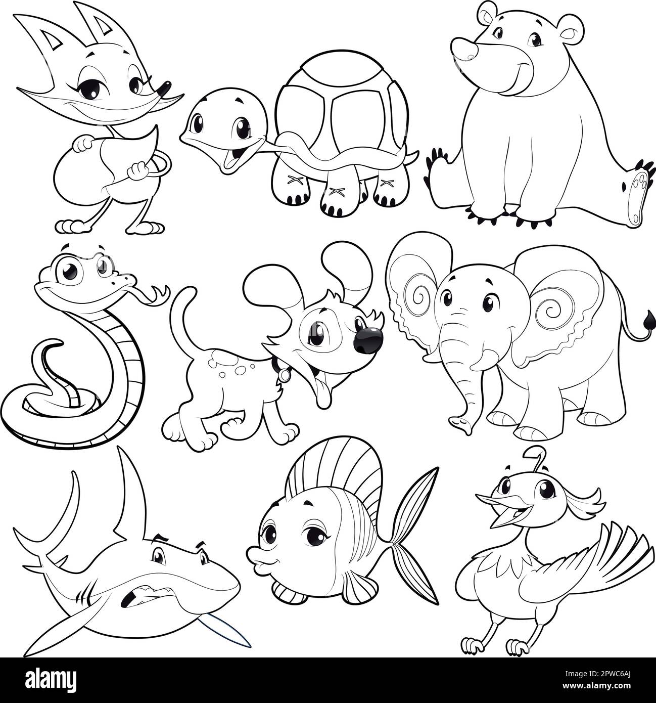 Ensemble d'animaux en noir et blanc. Personnages isolés de dessins animés et de vecteurs. Illustration de Vecteur
