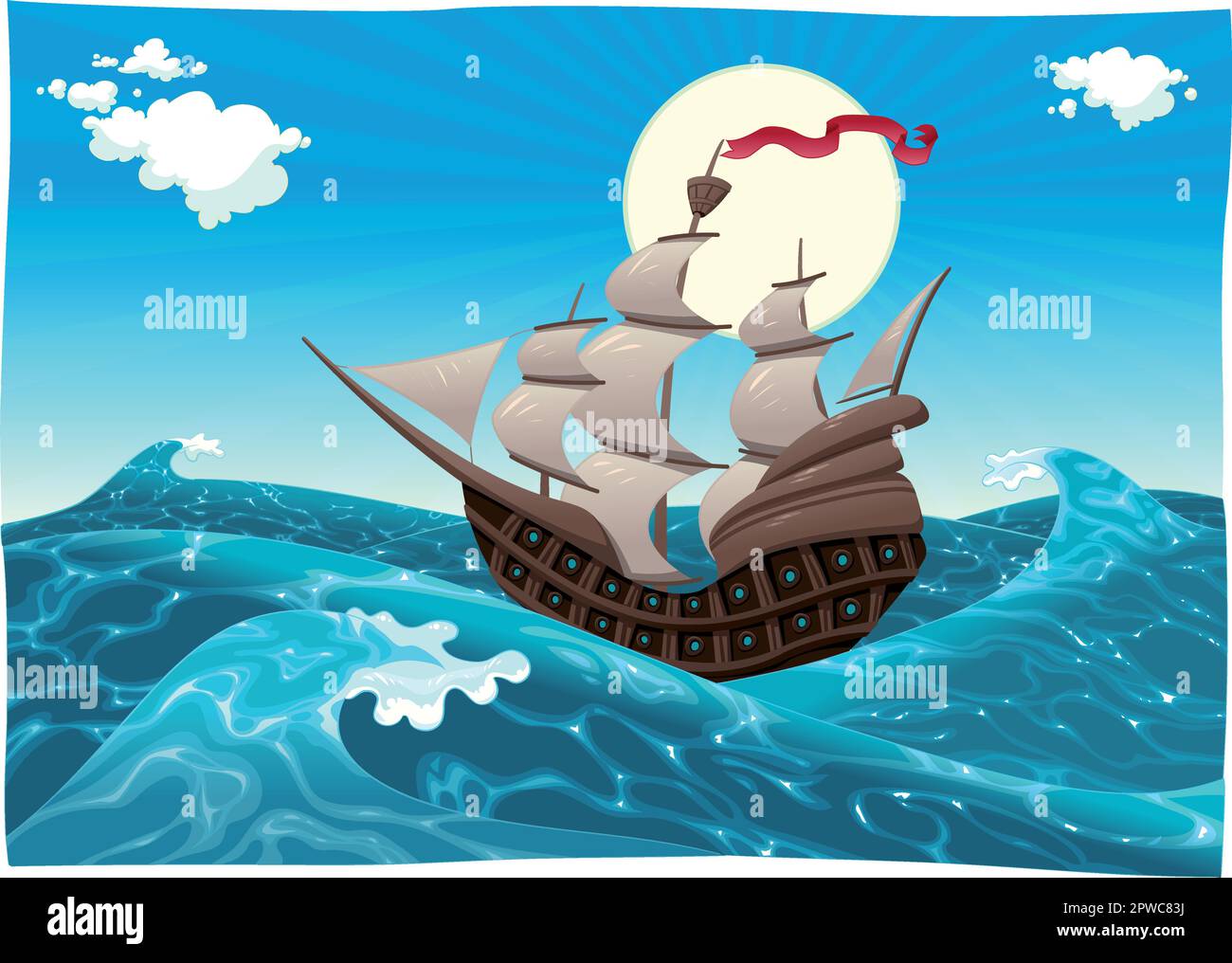 Galléon dans la mer. Dessin animé et illustration vectorielle, objets isolés Illustration de Vecteur