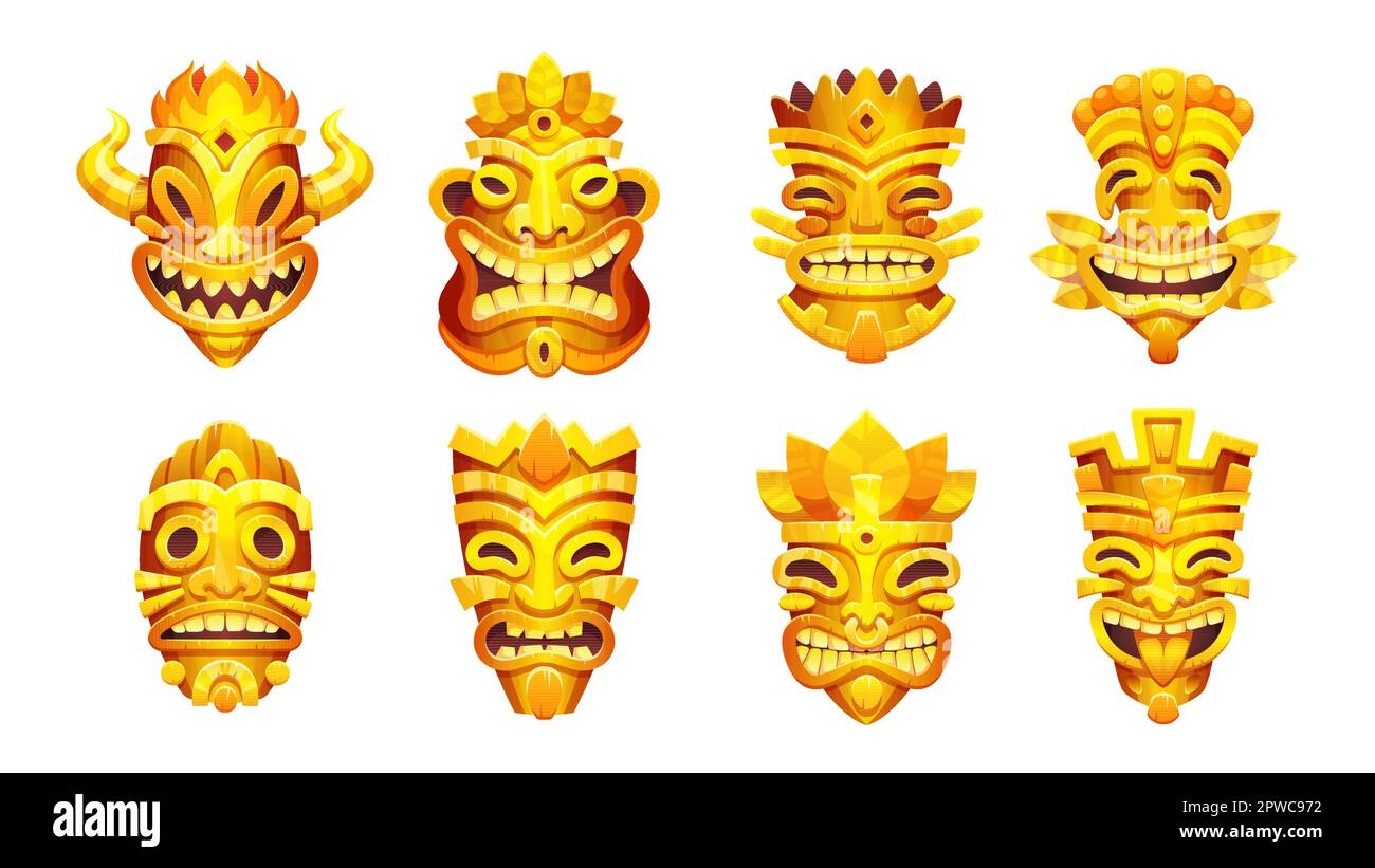 Ensemble de dessins animés de masques totem tiki isolés sur fond blanc. Illustration vectorielle de l'accessoire traditionnel hawaïen en bois sculpté pour le rituel magique, décoration intérieure pour la protection. Culture tribale Illustration de Vecteur