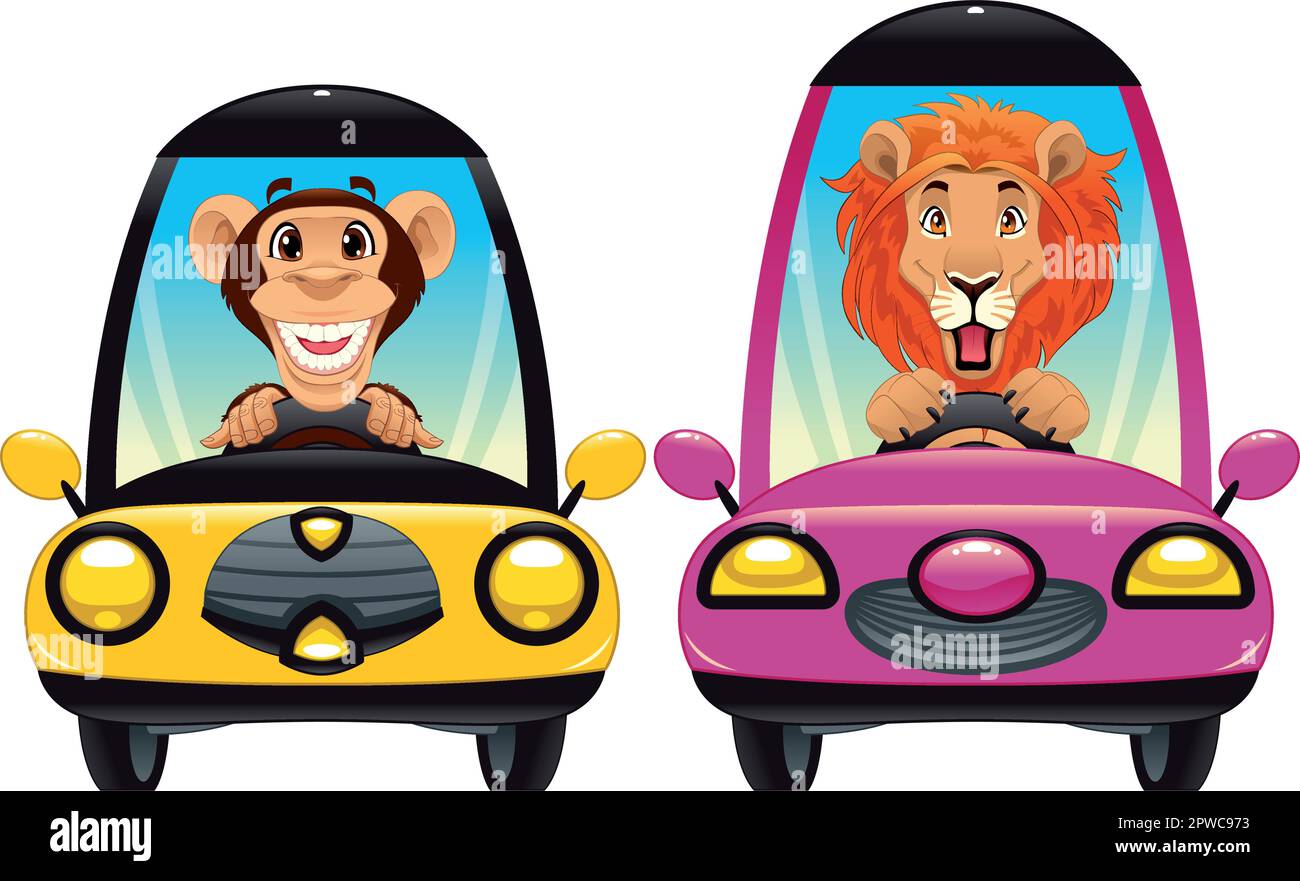 Animaux dans la voiture: Singe et Lion. Personnages isolés de vecteur de dessin animé drôle. Illustration de Vecteur