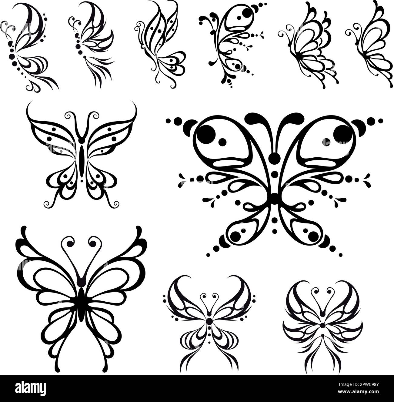 Tatouage papillon. Illustration vectorielle, objets noirs et blancs isolés. Illustration de Vecteur
