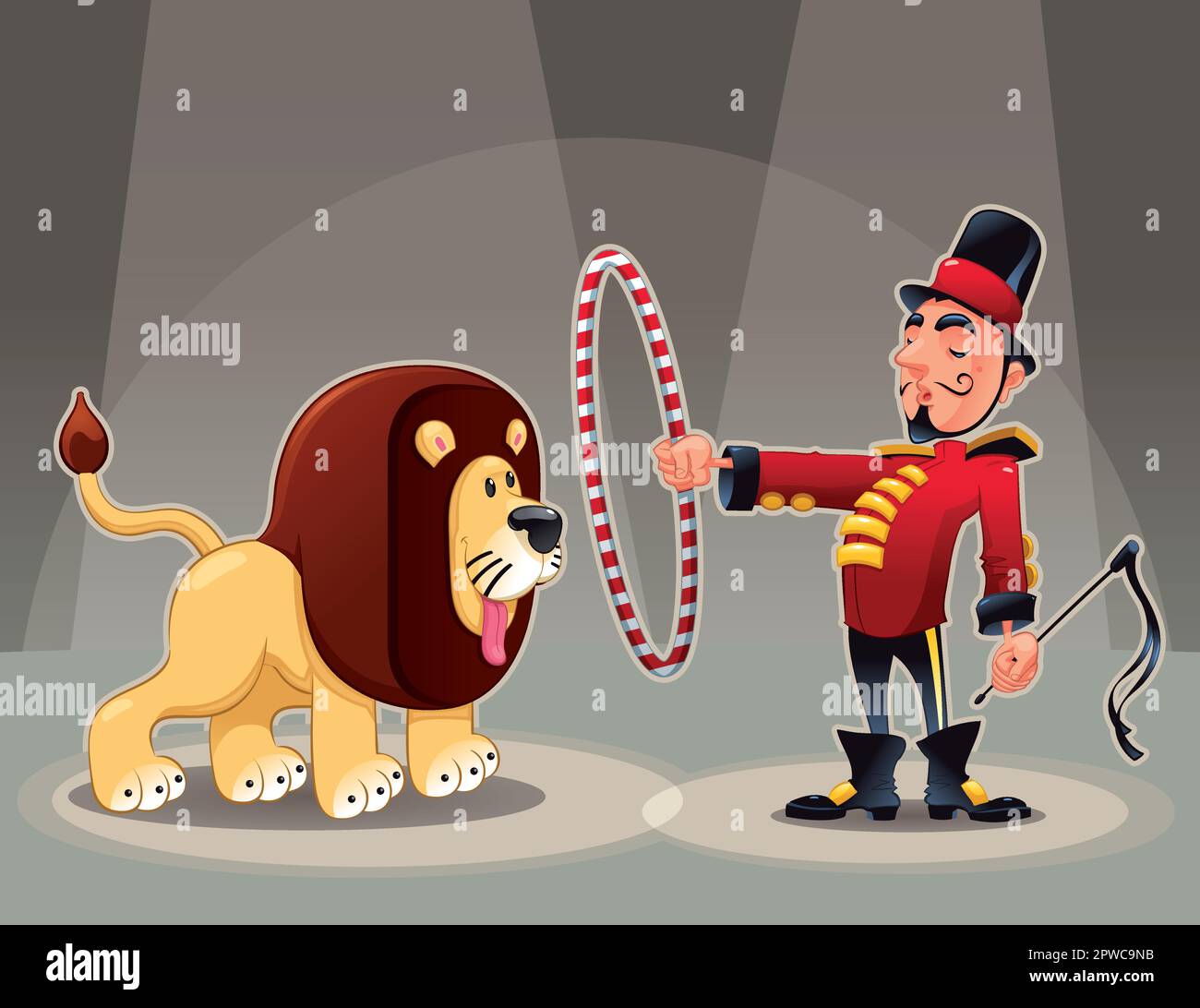 Dompteur avec lion. Funny cartoon et vector illustration de cirque. Illustration de Vecteur