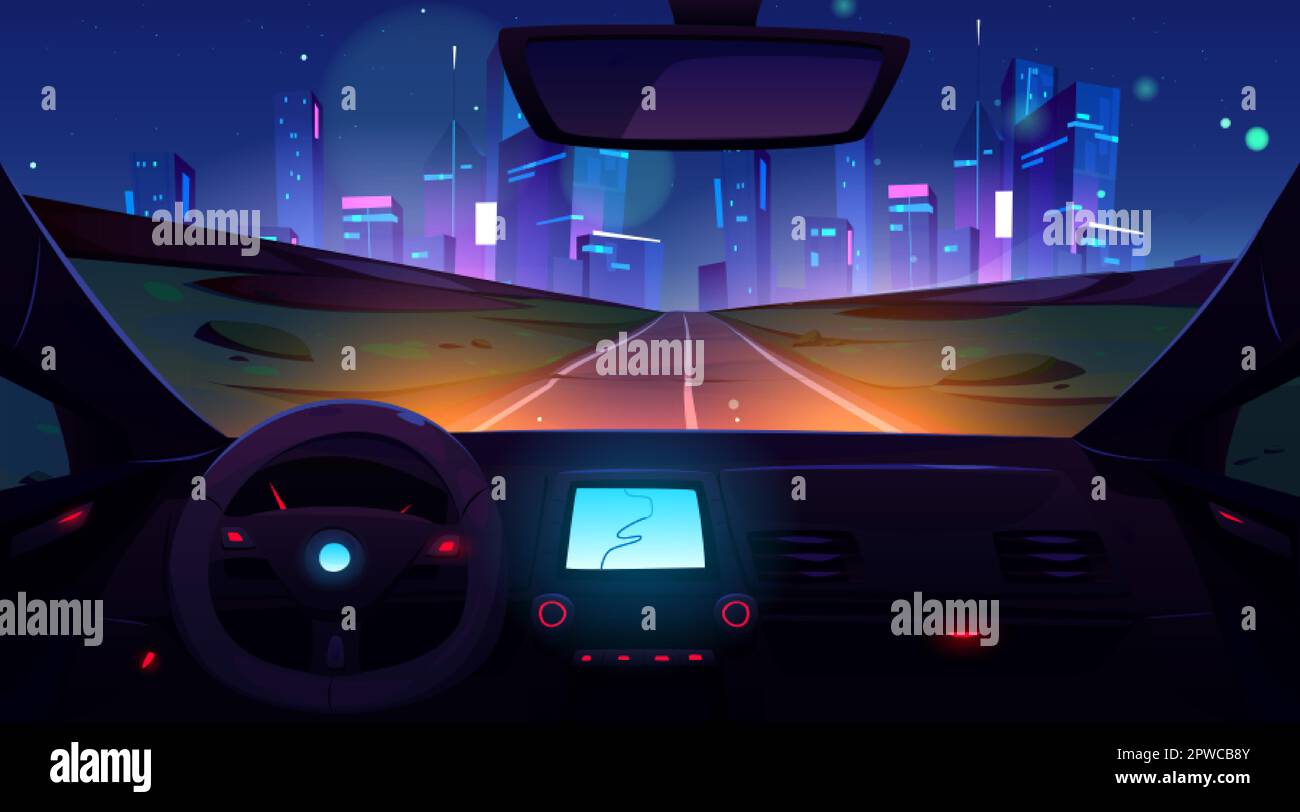 Voiture de route de nuit à la ville illustration de dessin animé. Habitacle avec vue intérieure du cockpit avec vecteur de tableau de bord. Lumière de rue au néon dans l'archit futuriste du centre-ville Illustration de Vecteur