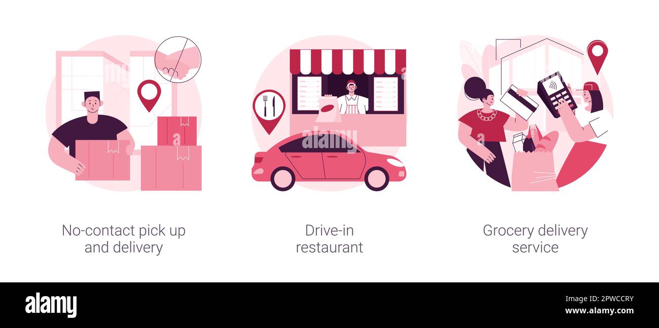 Un moyen sûr d'obtenir des aliments et des essentiels résumé concept vecteur jeu d'illustration. Ramassage et livraison sans contact, restaurant drive-in, service de livraison d'épicerie en métaphore abstraite de quarantaine Covid-2019. Illustration de Vecteur