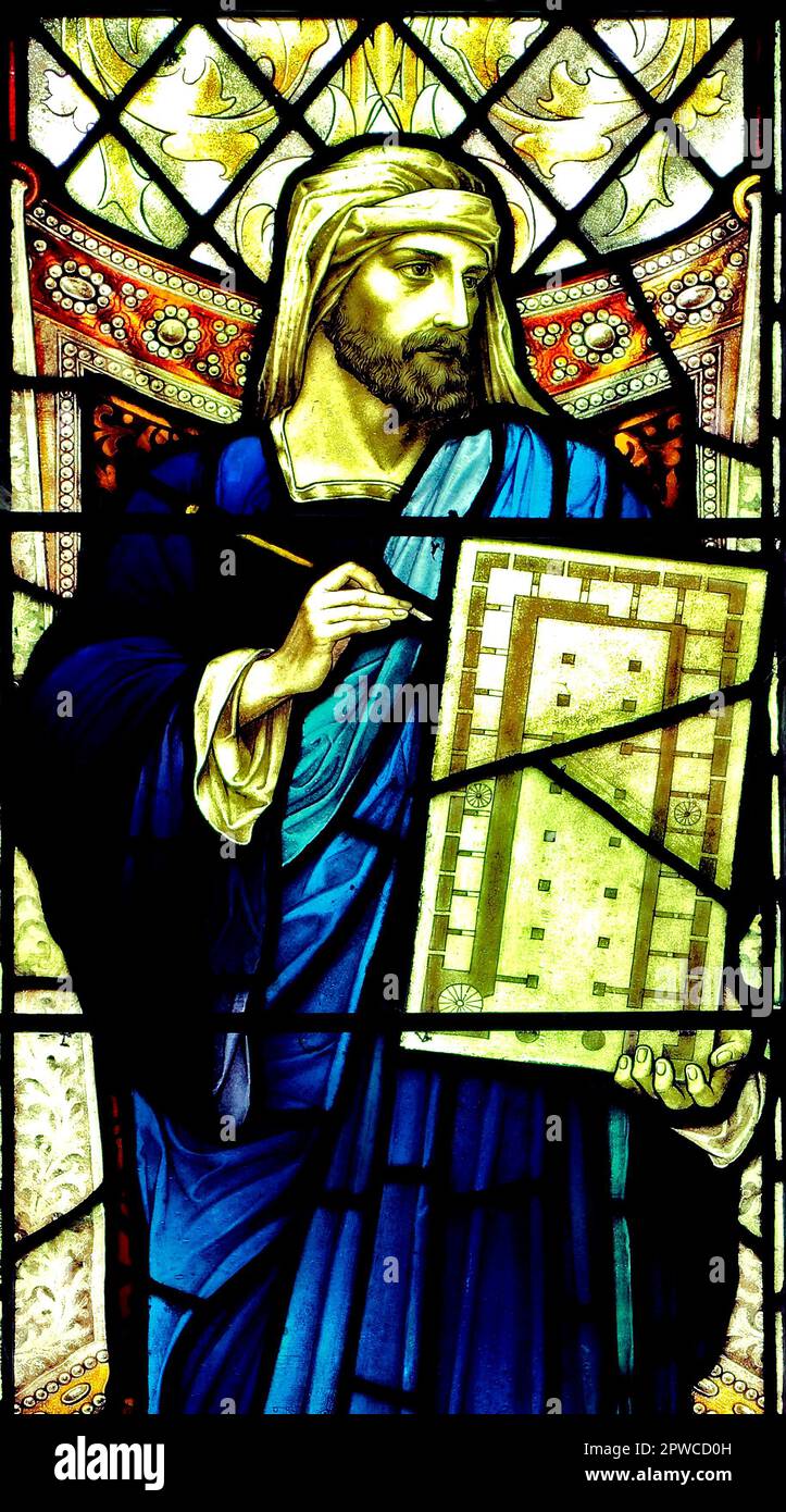 Hiram, artifice, biblique, Old Hunstanton, vitrail, Fin 19th siècle, Norfolk, personnage de la Bible Banque D'Images