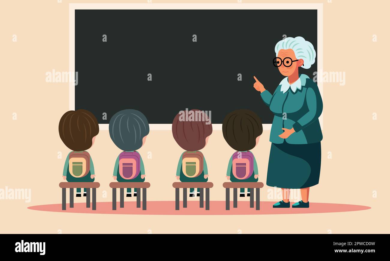 Professeur de femme âgé donner des instructions à ses élèves devant un tableau noir vide en classe. Concept de la Journée des enseignants heureux. Illustration de Vecteur