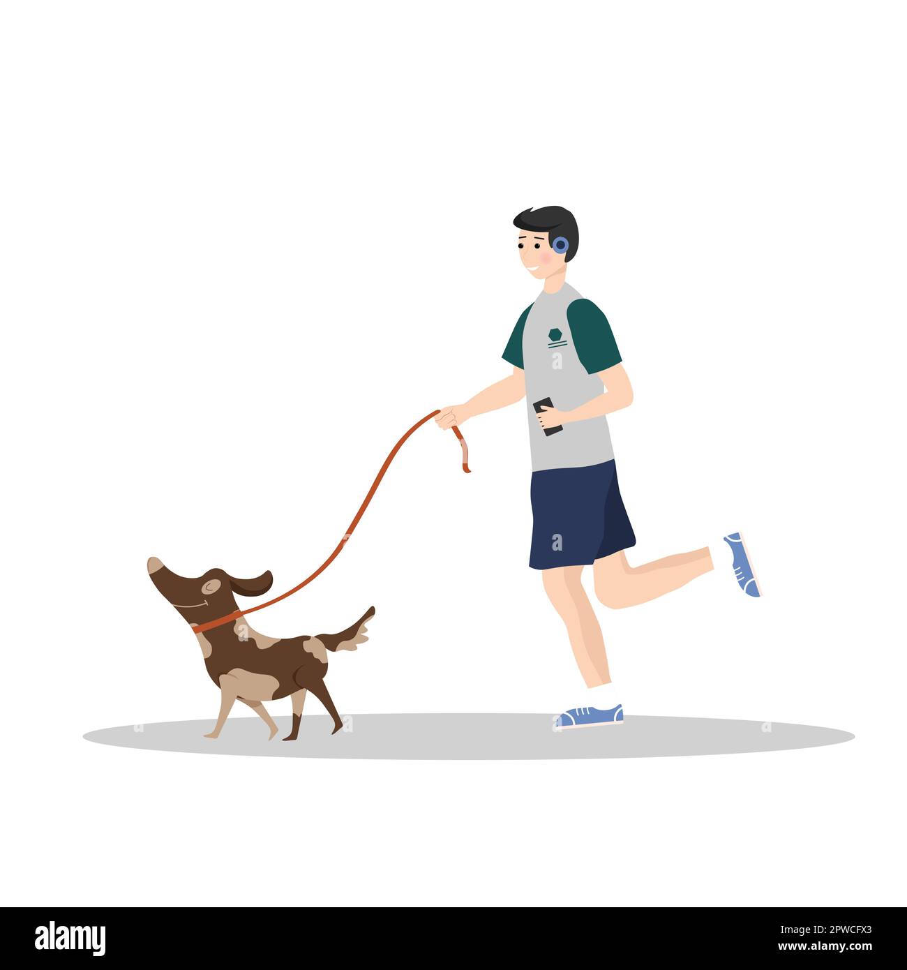Un homme court avec un chien sur une laisse. Illustration vectorielle. Illustration de Vecteur